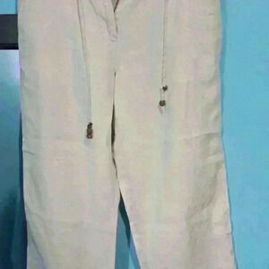 easy spirit size 8 100% linen neutral, natural color, drawstring pants, cropped,